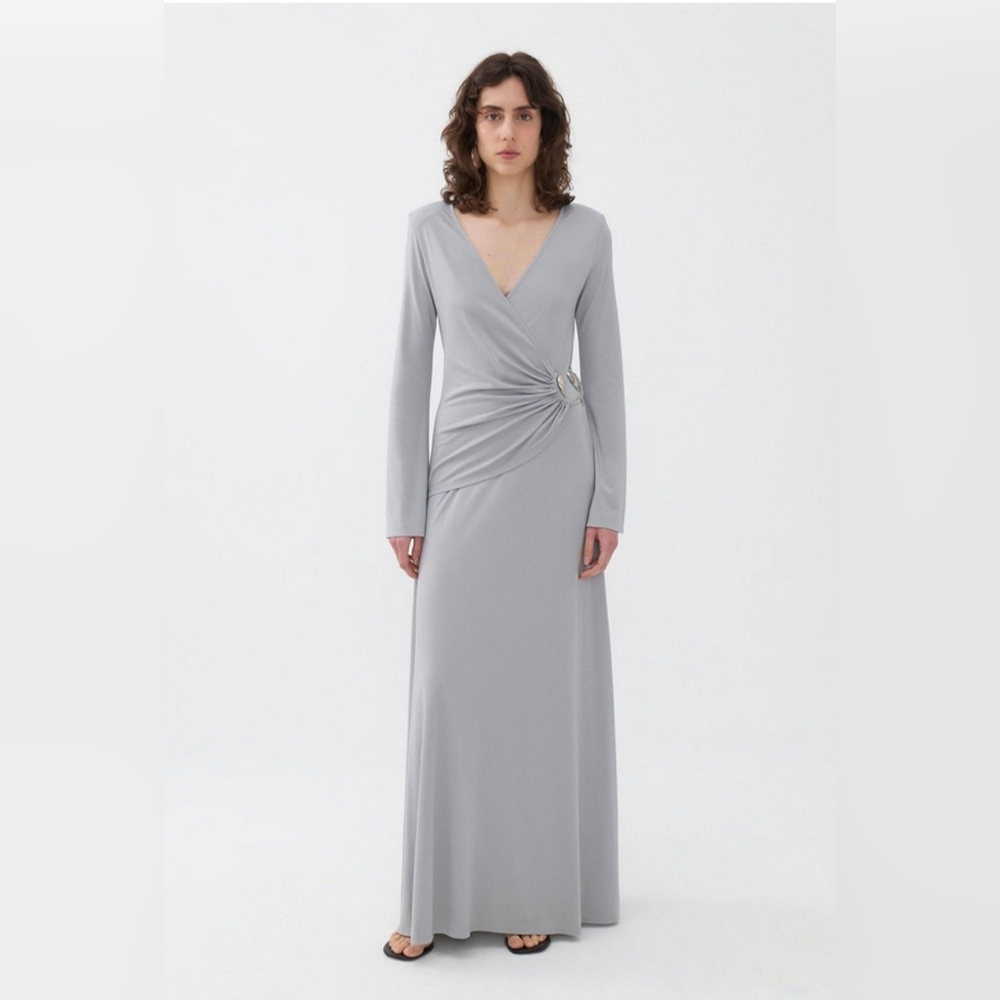 Nocturne Women's Double Breasted Dress w Accessory Detail, Silver, Size L $279